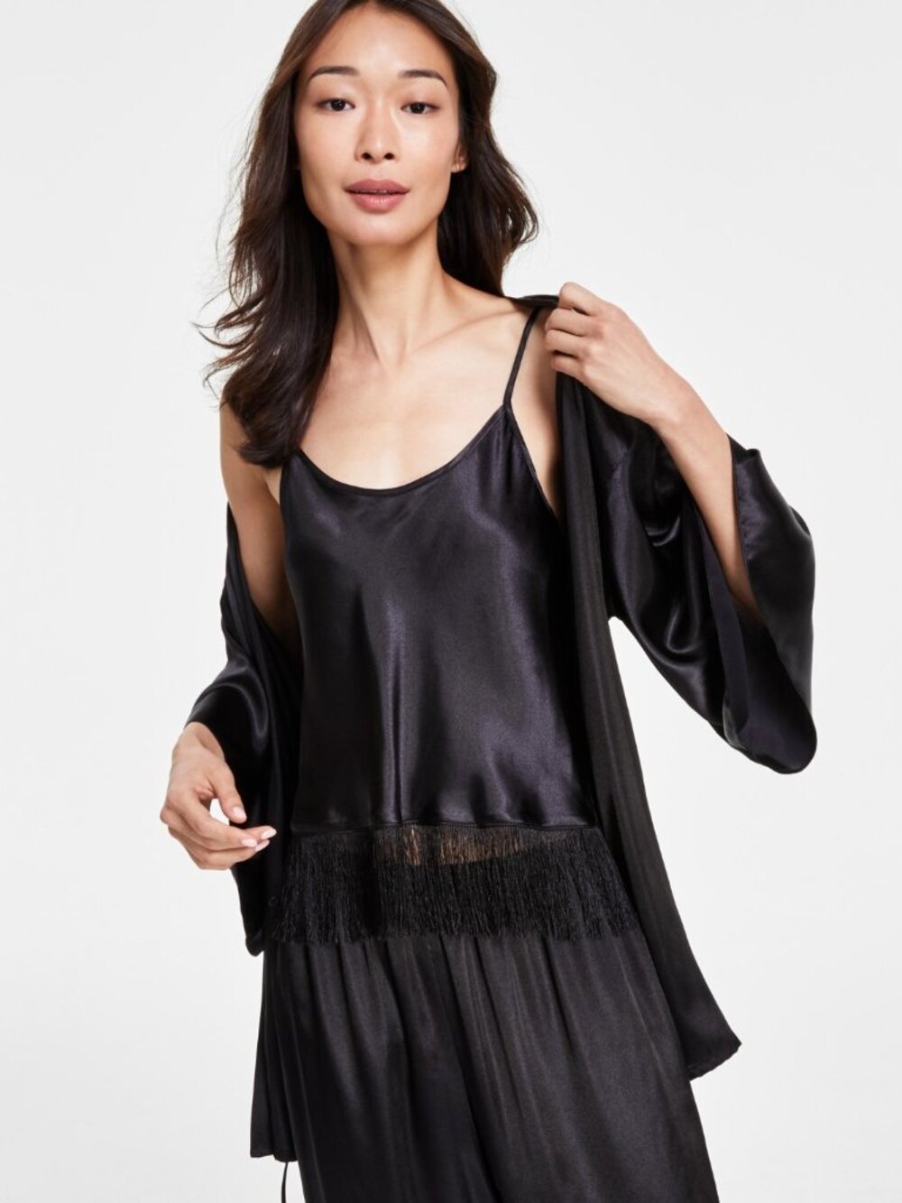 #2338 Linea Donatella Women's 2-Pc. Satin Fringe Sleep Set - Black